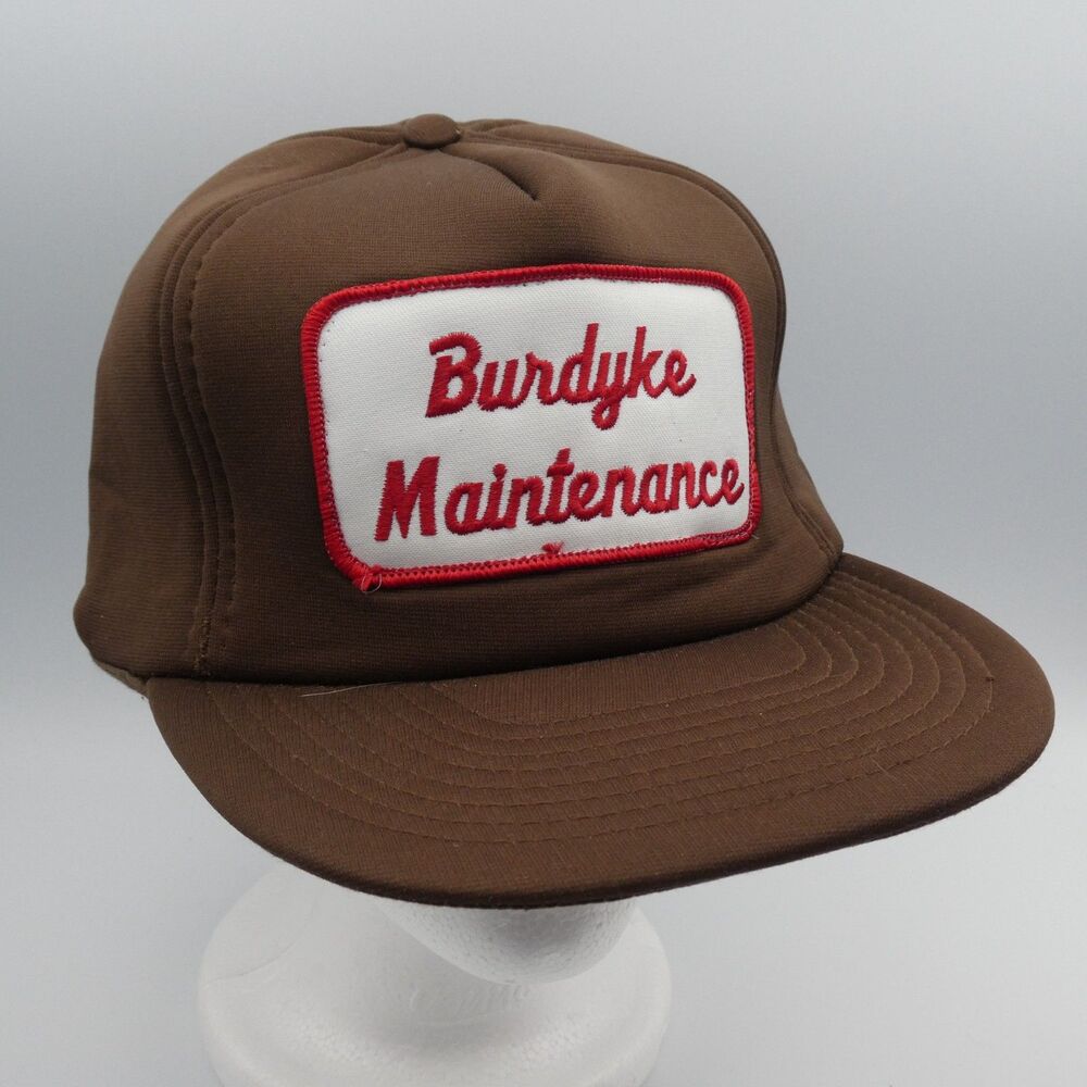 Vintage Burdyke Maintenance Brown Trucker Hat Patch Snapback Advertising Cap NOS